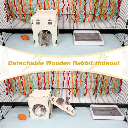BWOGUE Wooden Bunny Castle Hideout, Extra Large Bunny House with Stairs | Bunny Houses and Hideouts, Split Balcony, Detachable Stairs, Ventilated Design, Indoor Rabbits Guinea Pigs and Chinchillas - style: 2 House and 1 Ladder