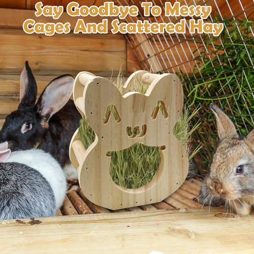 Tfwadmx Rabbit Wooden Hay Feeder Alfalfa Timothy Hay Dispenser Hamster Hanging Fixed Feeding Manger Squirrel Cute Less Mess Grass Dispenser for Bunny Guinea Pig Small Animals