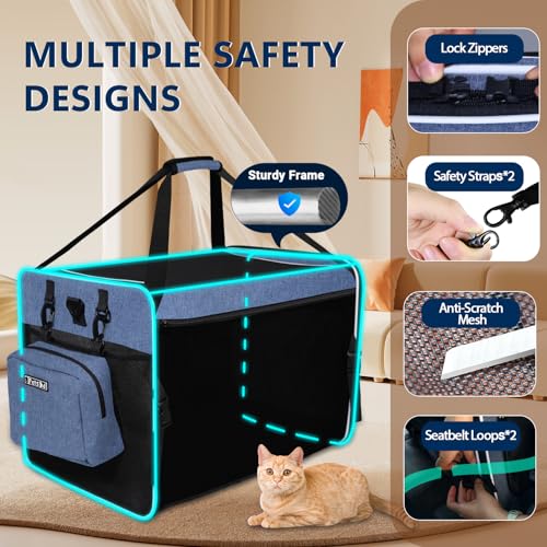 Extra Large Cat Carrier with Litter Box for Car Travel, Blue | 24"L x 17"W x 17"H, Lockable Safety Zippers and Seatbelt Loops, for 1 Medium-Large Cat or 2 Small Cats Under 55 lbs - color: Blue