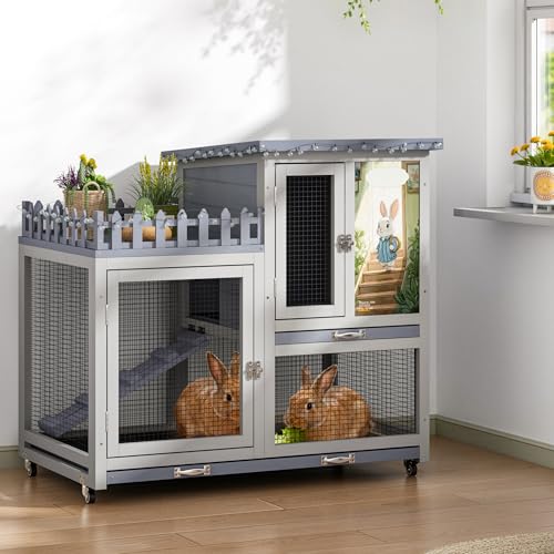 Wood Rabbit Hutch with Balcony Small Animal House Bunny Cage on Wheels | Ideal for multiple small animals, Featuring chewproof ramp & pull-out tray, Suitable for indoor or outdoor use
