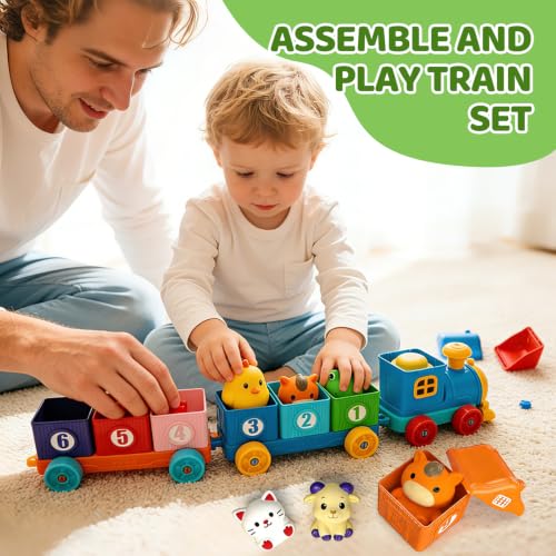 Toddler Learning Toys for 2 3 Year Old, Counting Matching & Sorting Montessori Train Set with 9 Farm Animals Finger Puppets, Birthday Gift for Baby Boys Girls