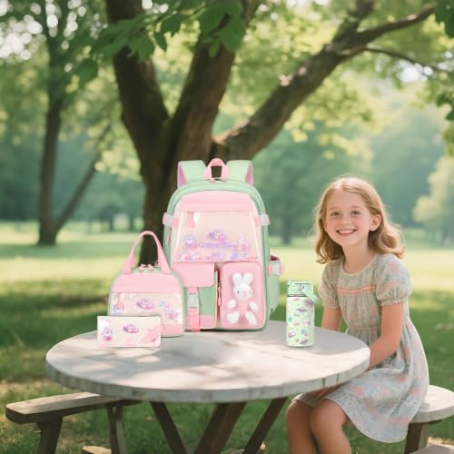 FIXITOK Girls Backpack with 14oz Insulated Water Bottle Set, Kawaii Bunny School Backpack for Girls with Kids Water Bottle Lunch Bag Pencil Case for Kindergarten Elementary Preschool School - color: W-green