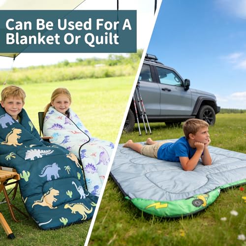 Kids Sleeping Bags - Camping Sleeping Bags with Carry Bag - Compact Sleeping Bag for Hiking, Backpacking 3 Season Warm & Cool Weather, Lightweight Waterproof Outdoor Travel for Boys Girls - color: Green Dinosaur
