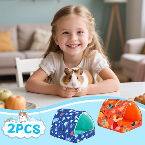UPINS 2 Pack Guinea Pig Bed,Guinea Pig Hideout | Washable Small Animal House Cage Accessories,for Dwarf Rabbits Chinchillas Hamsters Hedgehogs Ferrets - color: Blue Orange, size: 9.84 x 9.84 inch