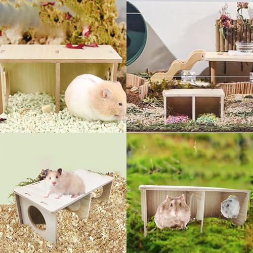 Hamiledyi Wooden Hamsters 2-Chamber Hideout-Tunnel Multi Chamber Exploring Toy Hamster Hiding Maze Tunnel Toy Platform Stuff Cage Accessories for Gerbil Rat Mice - size: M