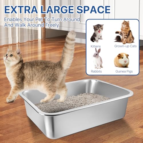 Stainless Steel Cat Litter Box, 16 x 12 x 4 Large Litter Box, Non Stick Kitty Litter Pan with Metal Litter Scoop and Anti Slip Stickers for Kitten, Guinea Pig and Rabbit