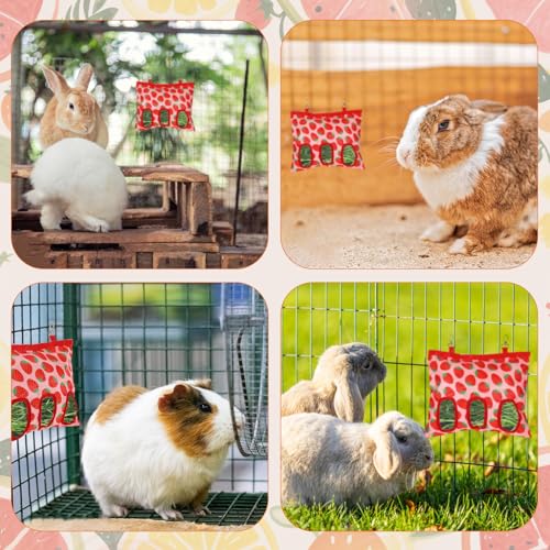 Guinea Pig Hay Feeder, 3 Hole Washable Hanging Hay Bag for Rabbits | Hay Holder for Guinea Pigs Rabbits Chinchilla Hamster Bunny Small Pets and Animal, Strawberry Pattern, 13x10.8inch - color: 3-hole strawberry