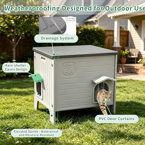 Rockever Cat House with Escape Door, Easy Clean Elevated Waterproof Shelter | Outdoor indoor breathable comfortable cat home, all-season refuge shelter for feral cats, with Heated Pad, Grey M - style: Medium