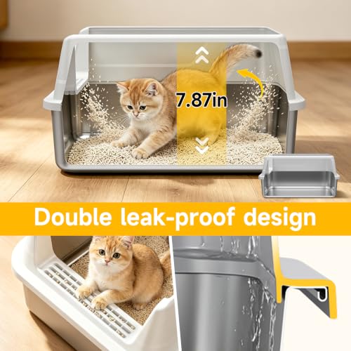 Stainless Steel Cat Litter Box with Scoop,M Metal Pan for Kittens | Metal Litter Box with High Sides & Lid, Open Top Low Entry , Non-Stick Easy Clean ，Kitty Cat Box for Indoor Cats, High Wall