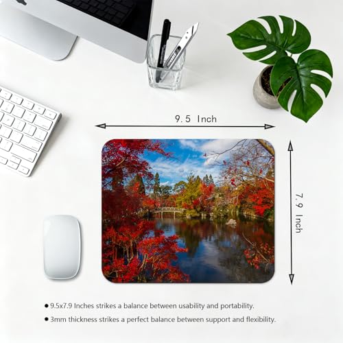 Autumn Red Maple Reflecting Pond Mouse Pad, Temple Garden Zen Desk Mat | 9.5"x 7.9", Japanese Kyoto Fall Foliage Scenery Blue Sky Nature Landscape, Cute Smooth & Anti-Slip Mousepad - color: Colorful Design Wknoon-Art 23