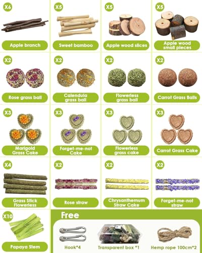 68pcs DIY Rabbit Chew Toys,Rabbit Toy for Bunnies Boredom Bunny Toys for Teeth, Timothy Stick, Apple Sticks, Sweet Bamboo, for Guinea Pig, Hamster, Chinchilla, Rat (19.04 Ounces (Pack of 1))