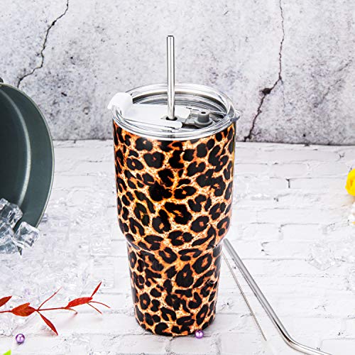 30oz Leopard Tumbler Stainless Steel Insulated Travel Mug with Straw Lid Cleaning Brush (30 oz Leopard), 1 Count (Pack of 1) | Double Wall Vacuum Suit Cold and Hot Drink Fits in standard car cup holders With Splash-Proof Lid - color: Leopard