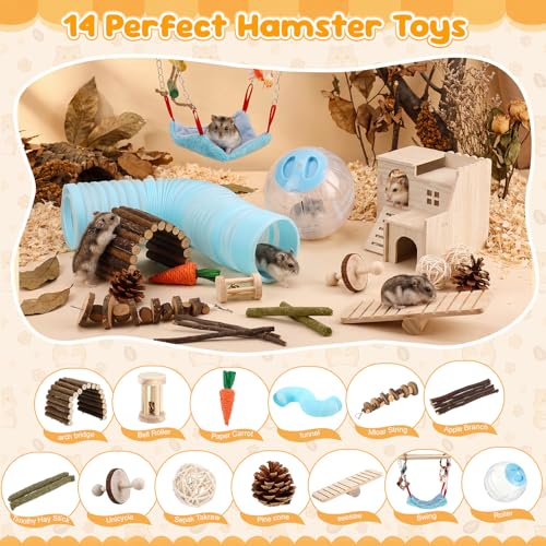 Foilswirl 17 Pcs Hamster Cage Accessory Set, Hamster Toys with Wooden House, Tunnel, Bridge, Natural Chew Toys, Playground Kit for Hamsters, Gerbils, Small Animals