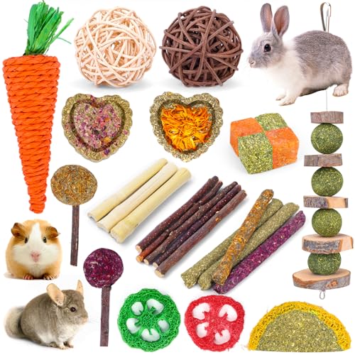 Bunny Toys for Rabbits Hamster/Guinea Pig Toys Natural Timothy Hay Sticks | Timothy Hay Sticks chew Treats and Balls Toys for Rabbit, Bunny, chinehila, Guirea Pig, Hamster, Rabbit Teeth Care - size: 24Pack-Set