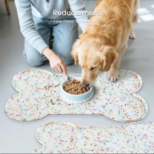 PWTAA Dog Food Mat Anti-Slip Silicone Dog Bowl Mat Thicker Pet Placemat Waterproof Cat Feeder Pad with Raised Edge Puppy Kitten Feeding Mats Suitable Small Medium-Sized Dogs Cats Eating Tray - 2PCS - color: Donut White, size: 19.4" x 9.8"-2PCS