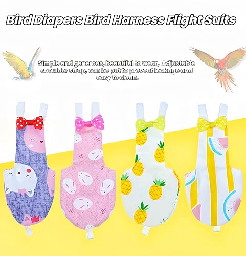 2Pcs Bird Diapers Bird Harness Flight Suits Diapers with 80 Inch Flying Leash Parrot Nappy Washable Cute Urine Wet Suit for Cockatiel Conure Macaw Budgies Parakeet-Rabbit&Kitten,M - size: M