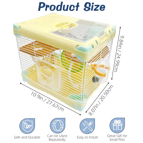 Hamiledyi Portable Hamster Cage 2 Layers Dwarf Hamster Habitat 10.90”L*8.07”W*9.84”H Small Animal Travel Cage with Exercise Wheel Hamster Enclosure Mouse Cage for Hamsters Mice Gerbils Tiny Pets - color: Yellow