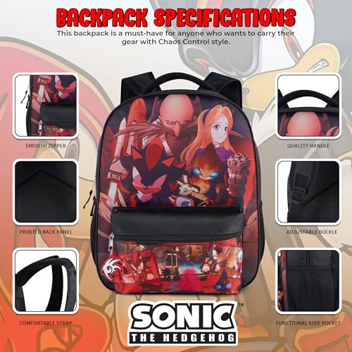 AI ACCESSORY INNOVATIONS Sonic X Shadow Generations Dark Beginnings Backpack for Girls & Boys, 16" Black Bookbag with Molded Shadow Dangle, Sublimation Print - color: Sonic X Shadow