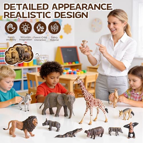12 PCS African Safari Animals Figure Toys Wild Animal Figurines | Realistic African Wild Animal Figures, Educational Zoo Animal Toys, Party Favors & Classroom Props, Cake Toppers - style: 12 PCS African Animals