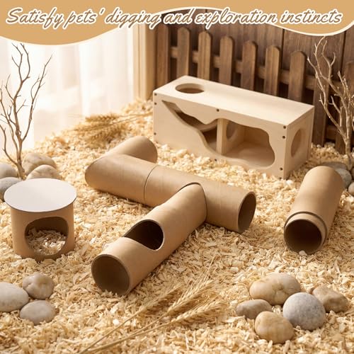 AceOrbit Hamster Tunnel Tubes and Wooden House Set, Composable DIY Hamster Tunnels and Hideout, Small Animal Tube for Mouse Gerbils Mice or Other Small Animals Habitat