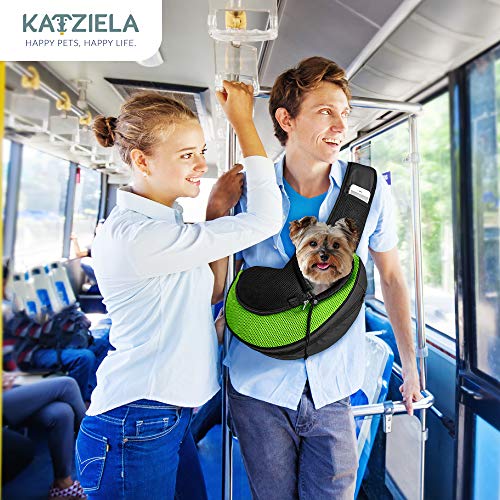 Expandable Pet Carrier Sling Bag - Small Dog, Puppy and Cat Carrier Front Shoulder Backpack w/Harness Strap - Carrying Pouch for ESA, Animal Travel - PU Leather Bottom, Mesh Pocket by Katziela (Green) - color: Green