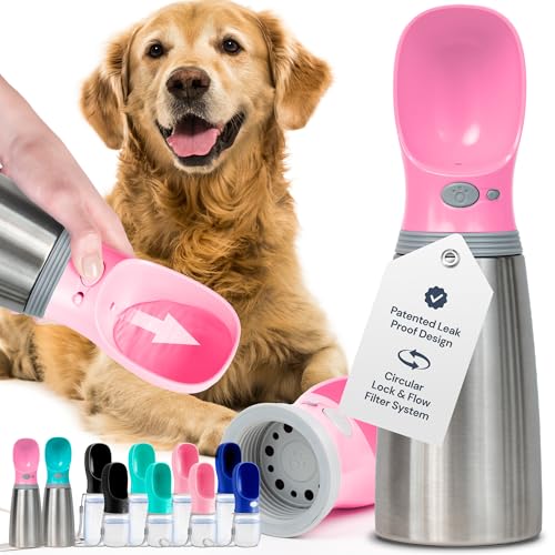 MalsiPree Insulated Dog Water Bottle - 24 oz Pink, Stainless Steel | 24oz insulated steel bottle & bowl - leak-proof - Use for dog travel, hiking, park & beach days - color: Pink, size: 24oz - Insulated