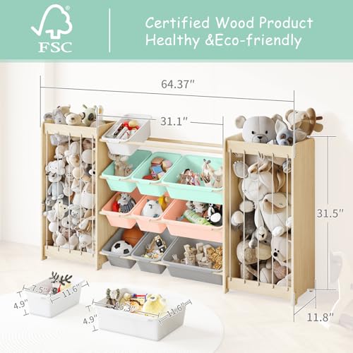 EXPERLAM Large Toy Storage Organizer, Wooden Stuffed Animal Storage & 12-Bins Toy Organizer, Double-Sided Plush Toy Holder Featuring Thicker Ropes, Space Save Playroom Bedroom Nursery Storage, Multi - color: Multi Color, size: 64.4" L × 11" W × 31.5" H