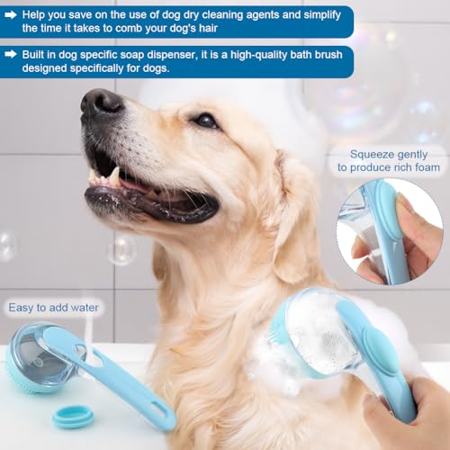 Pet Bath Brush, 2 in 1 Dog Bath Brush with Built-in Shampoo Dispenser, Pet Wash Brush with Double Head Toothbrush, Grooming Massage Brush for Dogs & Cats - color: Blue