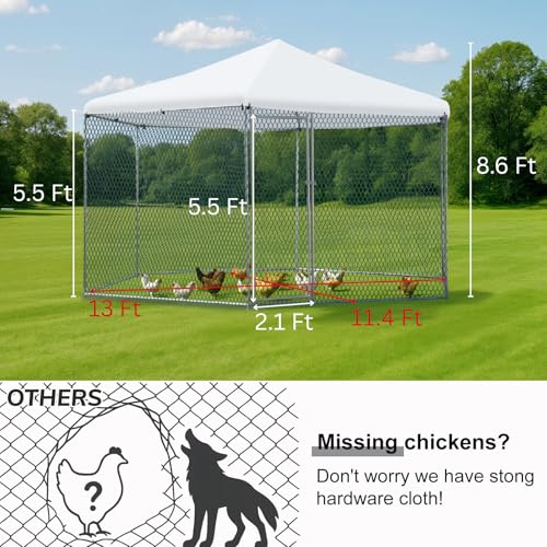 Outvita Large Metal Chicken Coop, Chicken Run, 3 x 11.4 x 8.6FT | Waterproof Cover, Heavy Duty Steel Frame, Large Poultry Cage for Dog Kennel, Duck Coop and Hen House - color: Silver, size: 156.0"L x 136.8"W x 103.2"H