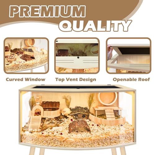 Prolee Hamster Cage with Curved Design,Chew Proof Wooden Hamsters Enclosure with Leg Stand and Openable Top or Gerbils,Hamster Habitat - size: 32.0"L x 16.0"W x 16.0"H