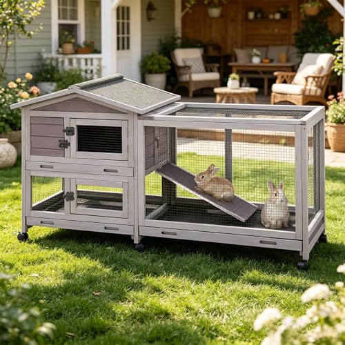 GUTINNEEN Large Rabbit Hutch Indoor Bunny Cage Outdoor with Chew-Proof Ramp 2-Story Mobile Guinea Pig Cages with 3 Pull-Out Trays - color: Grape Purple