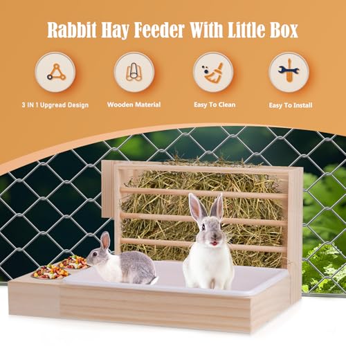 Rabbit Hay Feeder with Litter Box, Bowl Tray for Small Bunnies | Hay Holder Rack with 2 Bowls, Litter Box for Small Animal Guinea Pig Hamster Chinchilla