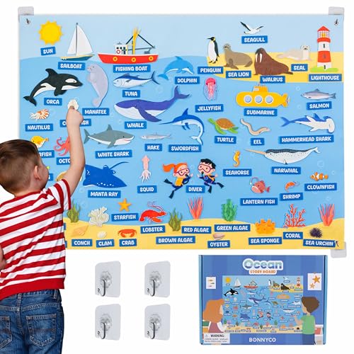 BONNYCO Felt Board for Toddlers with 107 Sea Animals Figures. Montessori and Sensory Toys, Birthday Gifts for Kids 3-8 Years Old. Educational Games, Learning Activities, Christmas - style: Ocean