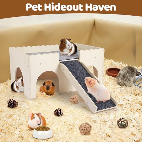 Guinea Pig Hideout 2-Tier Wooden Small Animal Hideout Sturdy Guinea Pig Castle with Ramp & Platform for Bunny, Chinchilla, Rat & Hamster - Easy Assembly Multi-Level Habitat