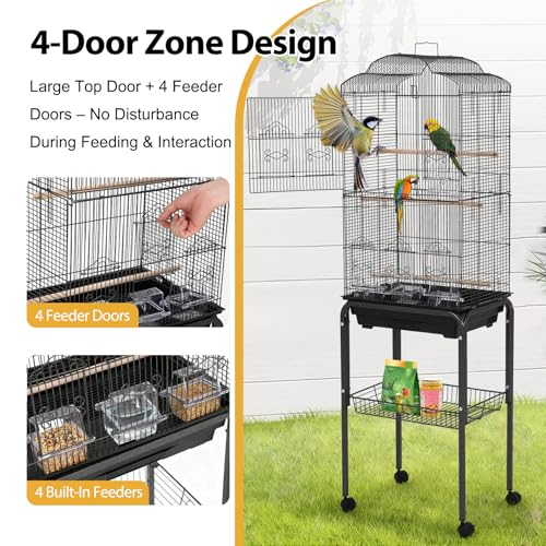 60" Large Bird Cage with Stand, Metal Rolling Parrot Cage with Slide-Out Tray, Storage Shelf, Perch & Bowls, Outdoor Indoor Bird Aviary for Parakeets, Cockatiels, Finches, Aviary for Yard Porch