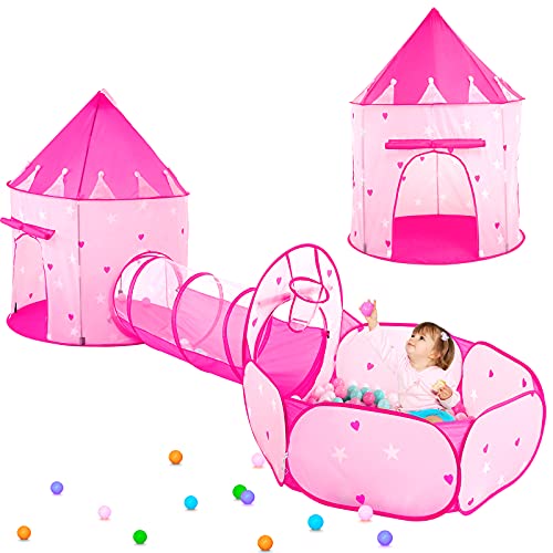 PigPigPen 3pc Kids Play Tent for Girls with Ball Pit, Crawl Tunnel, Princess Tents for Toddlers, Baby Space World Playhouse Toys, Boys Indoor& Outdoor Play House, Perfect Kid’s Gifts - style: 3PC Pink Star Play Tent