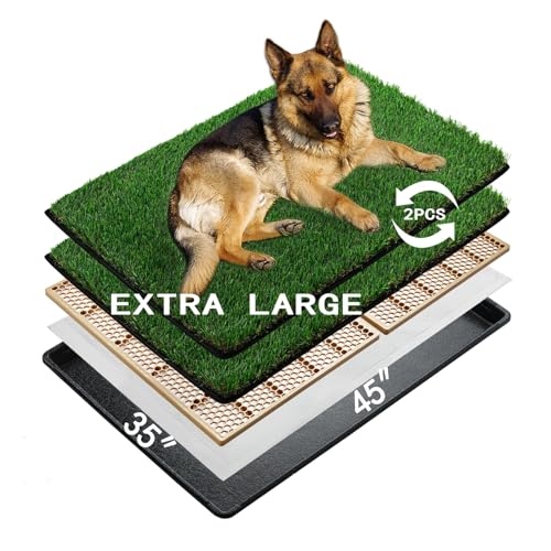 MEEXPAWS Dog Grass Pads for Dogs with Tray | Extra Large 45×34 in | 2× Dog Artificial Grass Pads Replacement| Rapid Drainage | 2 Training Pads | Indoor Dog Litter Box - size: XL 45×34 inch