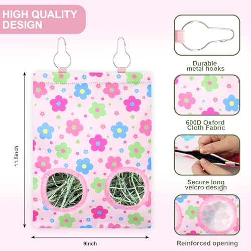 JarThenaAMCS 2 Pcs Rabbit Hay Feeder Bag with 2 Holes Guinea Pig Hanging Hay Feeding Bag Pink Floral Storage Dispenser for Chinchilla Hamster Bunny Small Animal Pet, 11.5 x 9 Inch