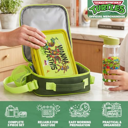 Get Trend Teenage Mutant Ninja Turtles Boys Lunch Box 3Pc Set | Kids Insulated Lunch Bag with BPA-Free Water Bottle and Bento Box, Back to School Gifts for Boys - color: Green/Black TMNT