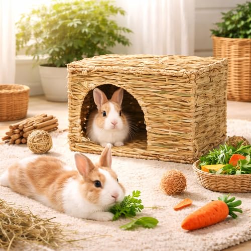HERCOCCI Extra Large Grass House for Rabbit, Foldable & Comfortable House | Small Animal Hut Play Hideaway Bed Hay Mat Chew Toy For Bunny Guinea Pig Hamster Chinchilla (1 Pack) - color: 1 Pack