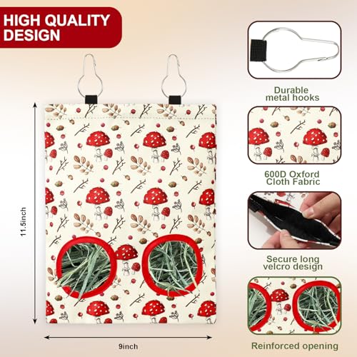 JarThenaAMCS 2 Pcs Rabbit Hay Feeder Bag with 2 Holes Mushroom Guinea Pig Hanging Hay Feeding Bag Red Storage Dispenser for Chinchilla Hamster Bunny Small Animal Pet, 11.5 x 9 Inch