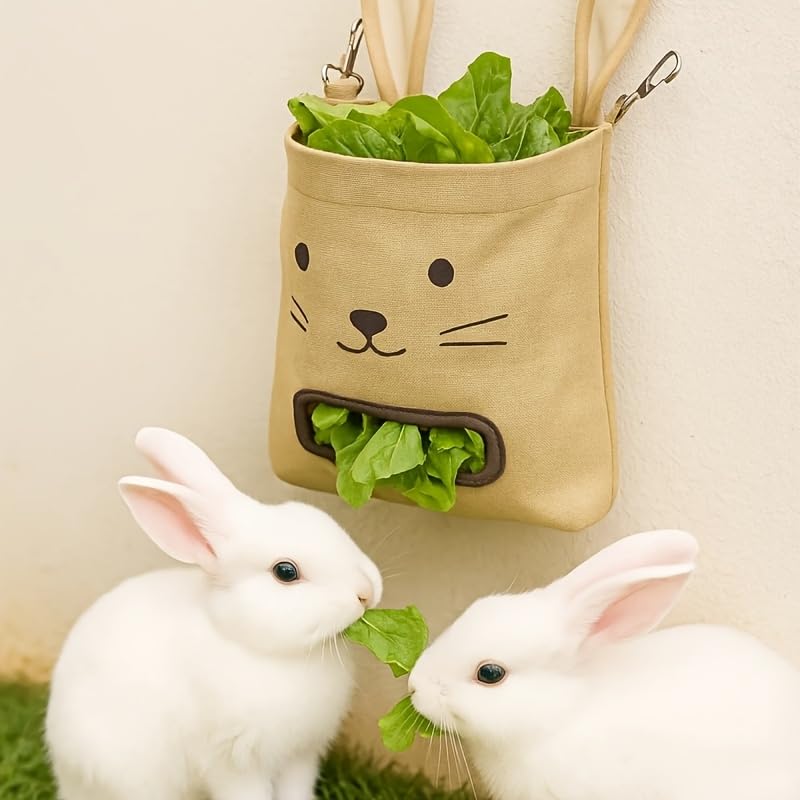 Hanging Hay Feeder Bag 1PCS Khaki Polyester Small Animal Hay Sack, Cage Hay Rack for Rabbits Guinea Pigs Chinchillas, Mess-Free Slow-Feed Hay Dispenser, Easy-Clean Pet Supplies