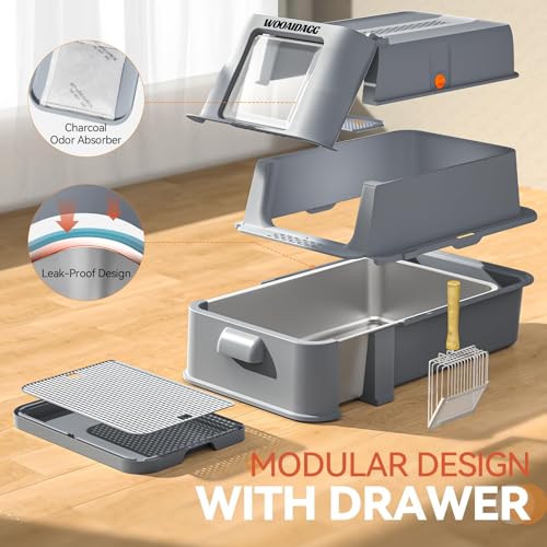 Wooaidagg Enclosed Stainless Steel Cat Litter Box with Odor Control, Modular Design with Drawer and Flip Door, Easy to Clean and Wash,Non-Stick Interior,Extra Large Size Fits All Cats(Dark Grey) - color: Dark Grey