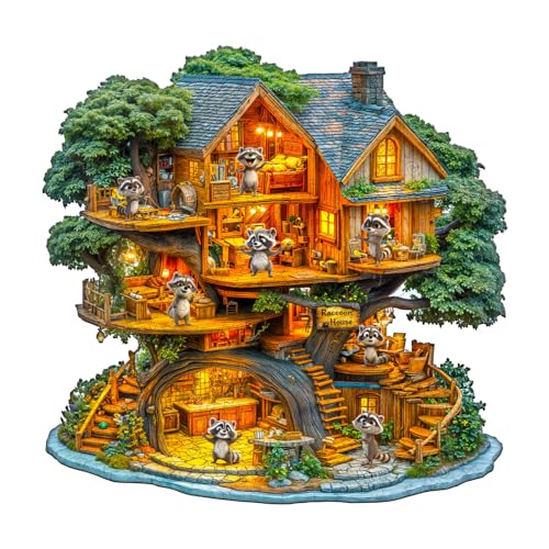 Animal 300 Pieces Wooden Puzzles for Adults - Raccoon House | Unique Shapes Wooden Jigsaw Puzzles, Birthday Decor Gifts for Wood Puzzle Lovers, Family (13.4 * 13.2in) - color: Raccoon House, size: Large