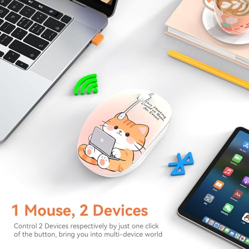 FMOUSE Cute Cartoon Silent Wireless Mouse, Dual Mode Bluetooth & USB 2.4G | Workaholic Cat Pattern, Ideal for Working Women & Office Use | AA Battery Powered | Compatible with Laptop Mac iPad Tablet PC - color: Workaholic Cat