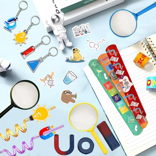 111PCS Science Party Favors, Lab Birthday Decorations and Goodie Bag Toys | 111PCS science party favors with magnifiers, gift bags, stickers, straws, bracelets, keychains and a magnet set. - style: Science