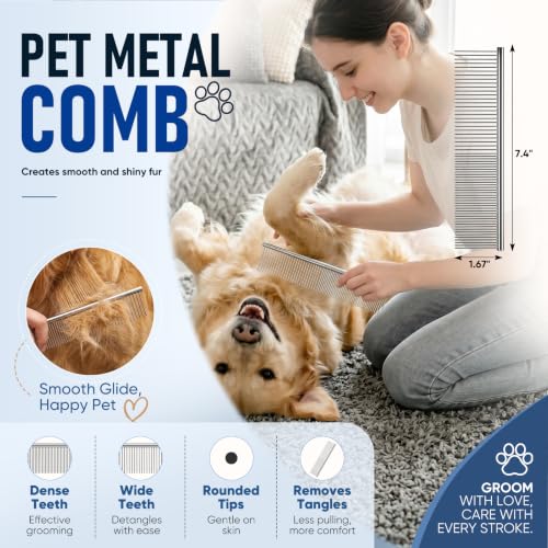 5 in 1 Pet Grooming Kit 5PCS,Large Dog Brush for Goldendoodles Poodles Doodles,Dematting Comb, Metal Comb, Flea Comb, Silicone Bath Brush Pin Haired Brush,Poodle Brushes and Comb（blue）