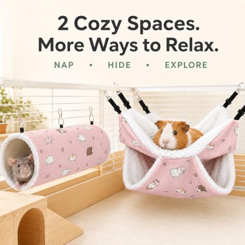 Small Pet Hammock & Tunnel Set for Ferrets, Guinea Pigs, Rats - Plush Hideout Bed & Cage Toy, 2-Pack, Pink Guinea Pig Print - color: Pink