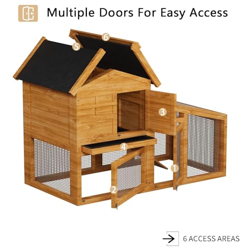 54" 2-Tier Wooden Rabbit Hutch with Run, Small Animal Cage with Removable Tray, Ramp, 6 Access Doors & Asphalt Roof, Weather-Resistant Bunny House for Rabbits, Guinea Pigs, Chinchillas, Natural Wood - color: Wood color