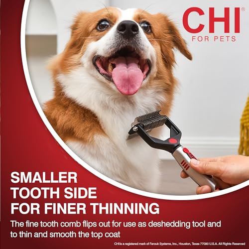 CHI for Dogs 2 in 1 Dematting and Deshedding Rake, Dual Head Dog Grooming Tool with Wide Tooth Dematting Rake and Fine Deshedding Rake, Detangler Comb for Thick Double and Long Dog Coat | Dual-head design, wide-tooth dematting and fine deshedding rakes, d
